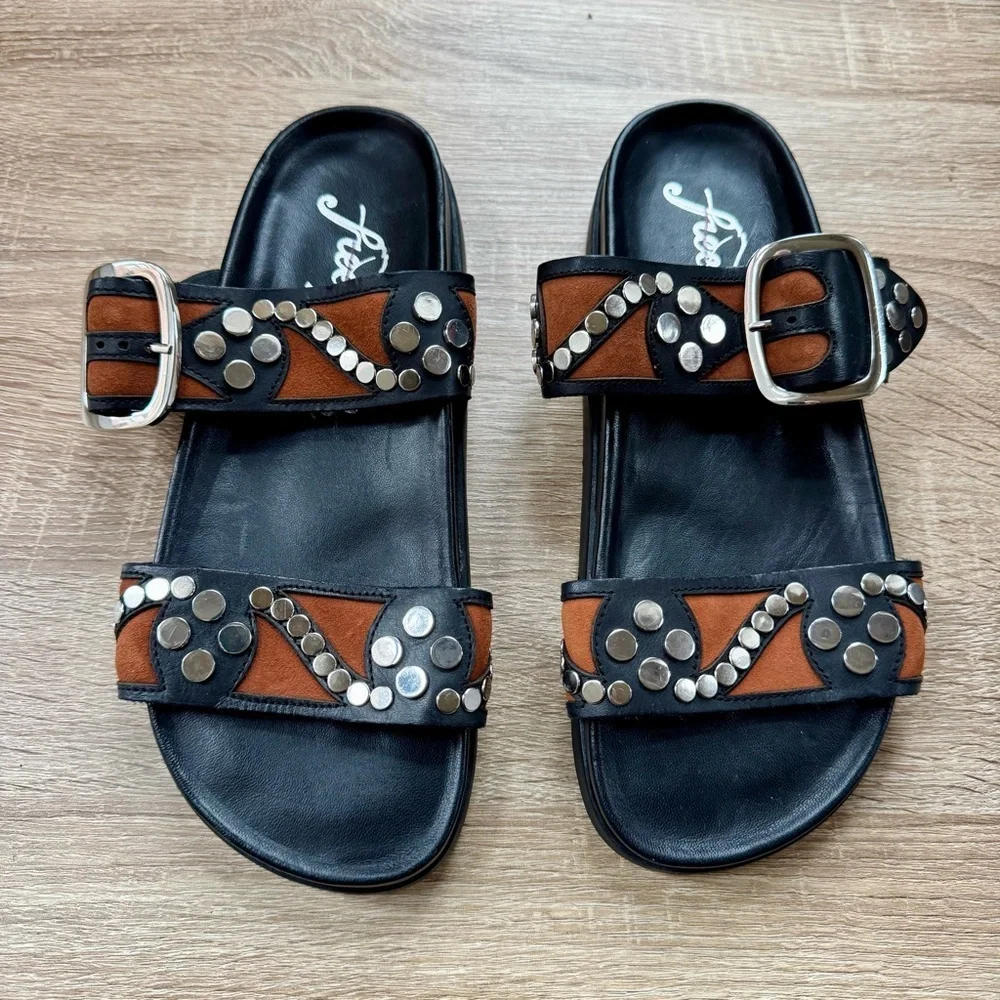 New Free People Revelry Studded Leather Buckle Sandals Black Size 8